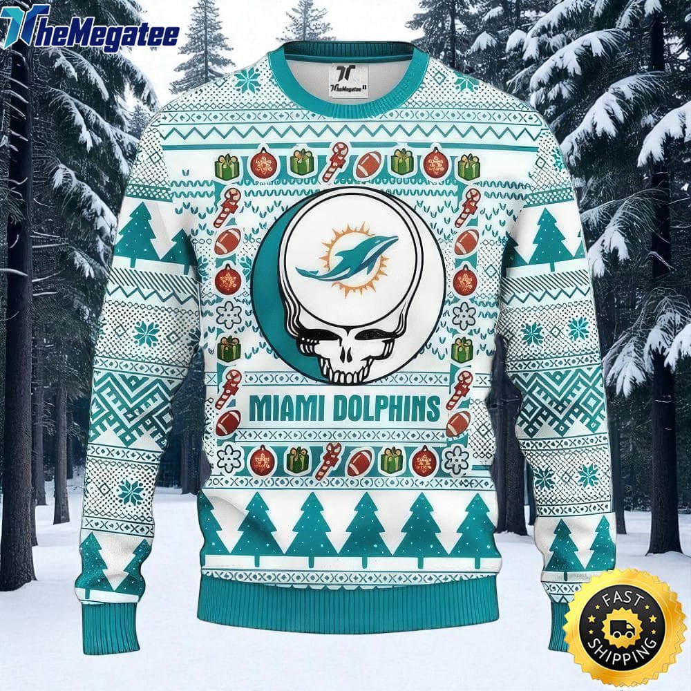 NFL Miami Dolphins Ugly Christmas Sweater The Intelligence Of The Skull Unisex Sweater NFL Miami Dolphins Ugly Christmas Sweater The Intelligence Of The Skull Unisex Sweater