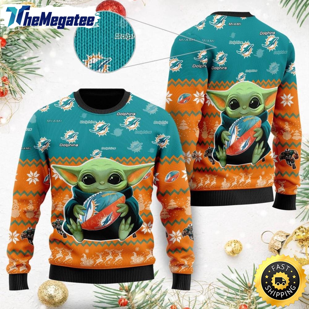 NFL Miami Dolphins Ugly Christmas Sweater, Baby Yoda Sweater for Christmas 2025 NFL Miami Dolphins Ugly Christmas Sweater, Baby Yoda Sweater for Christmas 2025