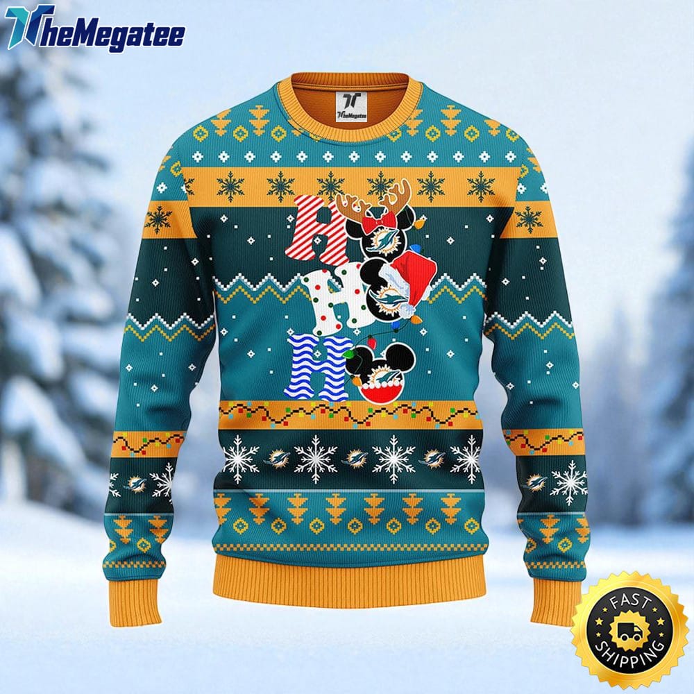 NFL Miami Dolphins Ugly Sweater HoHoHo Mickey Ugly Christmas Sweater For Fans NFL Miami Dolphins Ugly Sweater HoHoHo Mickey Ugly Christmas Sweater For Fans