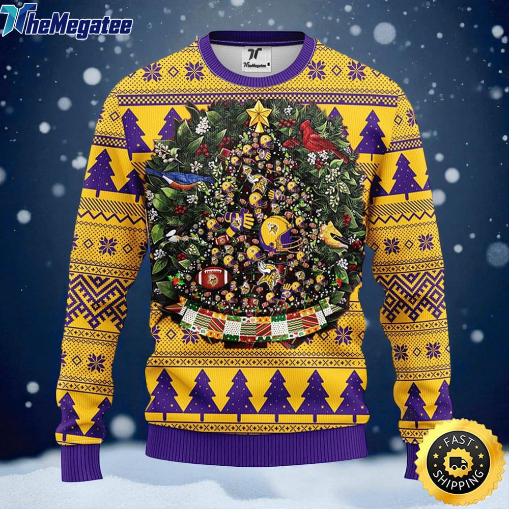 NFL Minnesota Vikings Ugly Christmas Sweater Ball Pine Tree, NFL Christmas Sweater NFL Minnesota Vikings Ugly Christmas Sweater Ball Pine Tree, NFL Christmas Sweater