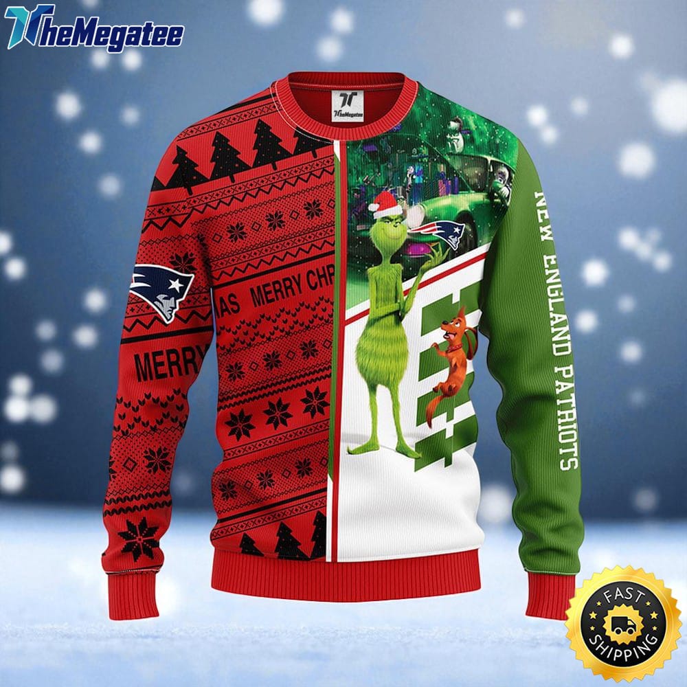 NFL New England Patriots Ugly Sweater Grinch & Scooby Doo Ugly Christmas Sweater For Fans NFL New England Patriots Ugly Sweater Grinch & Scooby Doo Ugly Christmas Sweater For Fans