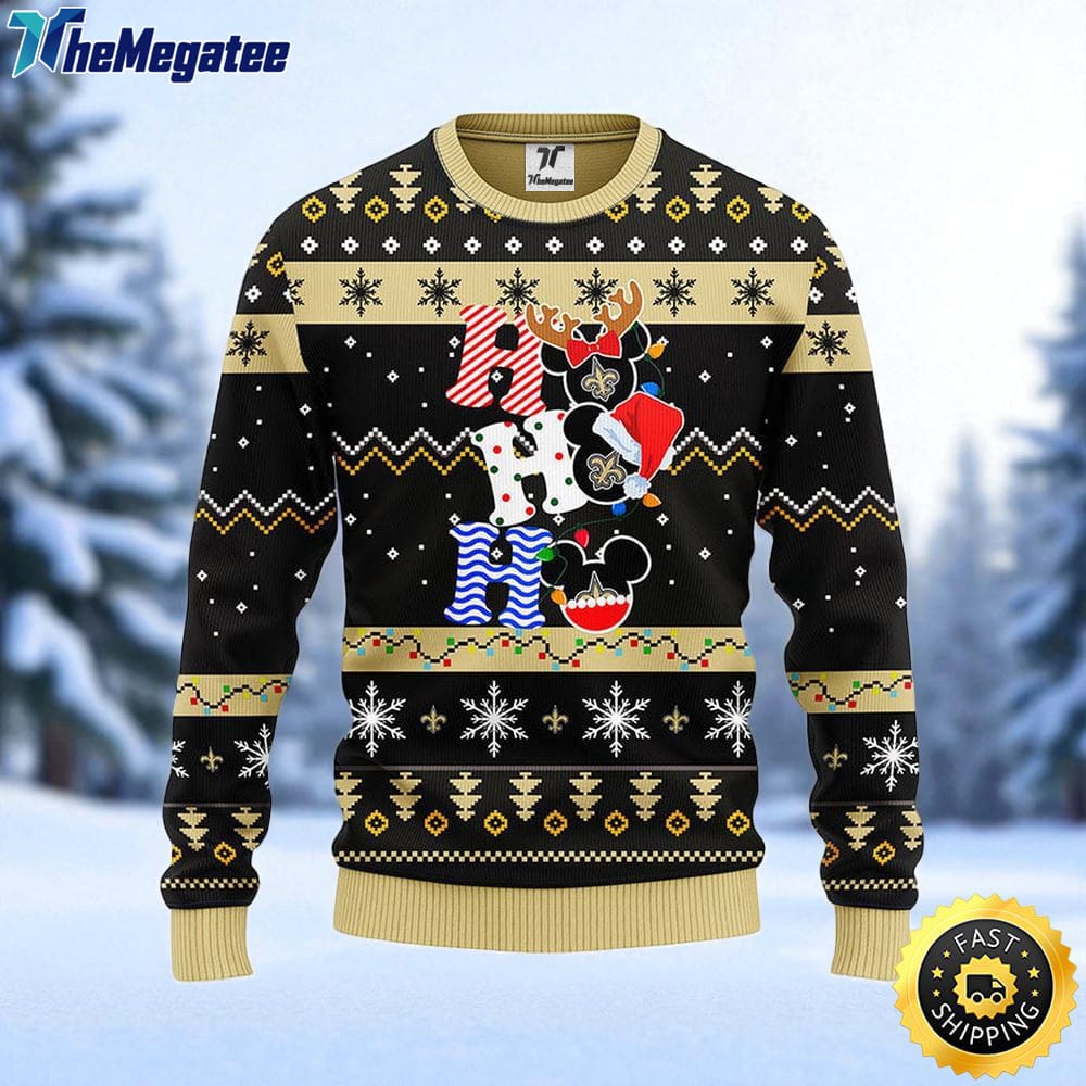 NFL New Orleans Saints Ugly Sweater HoHoHo Mickey Ugly Christmas Sweater For Fans NFL New Orleans Saints Ugly Sweater HoHoHo Mickey Ugly Christmas Sweater For Fans