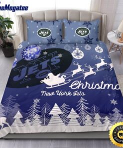NFL New York Jets Bedding Sets Santa Claus Sleigh And Reindeer Christmas Quilt Bedding Sets 2025
