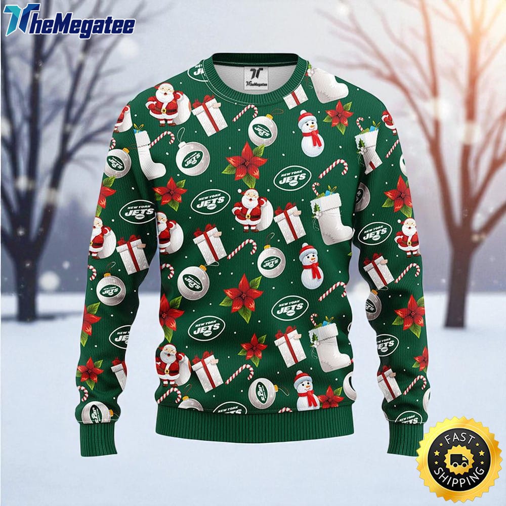 NFL New York Jets Ugly Sweater Santa Claus Snowman Ugly Christmas Sweater For Fans NFL New York Jets Ugly Sweater Santa Claus Snowman Ugly Christmas Sweater For Fans