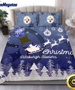 NFL Pittsburgh Steelers Bedding Sets Santa Claus Sleigh And Reindeer Christmas Quilt Bedding Sets 2025