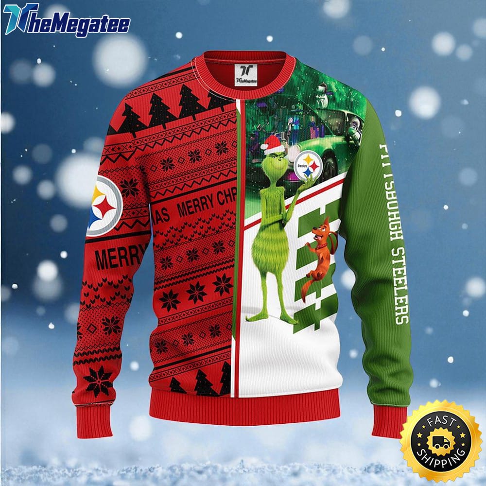 NFL Pittsburgh Steelers Ugly Sweater Grinch & Scooby Doo Ugly Christmas Sweater For Fans NFL Pittsburgh Steelers Ugly Sweater Grinch & Scooby Doo Ugly Christmas Sweater For Fans