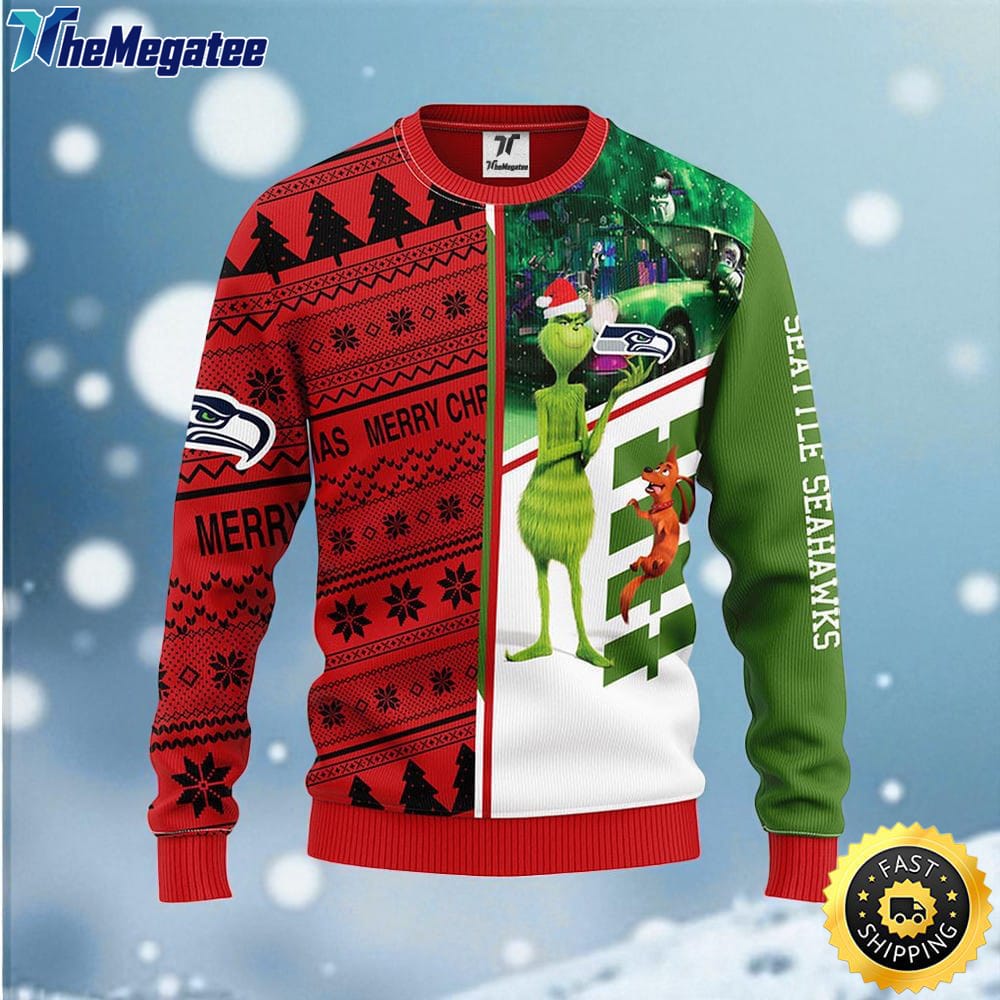 NFL Seattle Seahawks Ugly Sweater Grinch & Scooby Doo Ugly Christmas Sweater For Fans NFL Seattle Seahawks Ugly Sweater Grinch & Scooby Doo Ugly Christmas Sweater For Fans