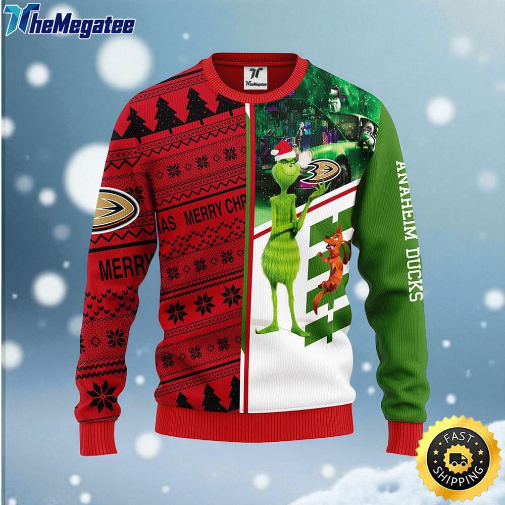 NHL Anaheim Ducks Ugly Sweater Grinch And Scooby doo Ugly Christmas Sweater For Fans NHL Anaheim Ducks Ugly Sweater Grinch And Scooby doo Ugly Christmas Sweater For Fans