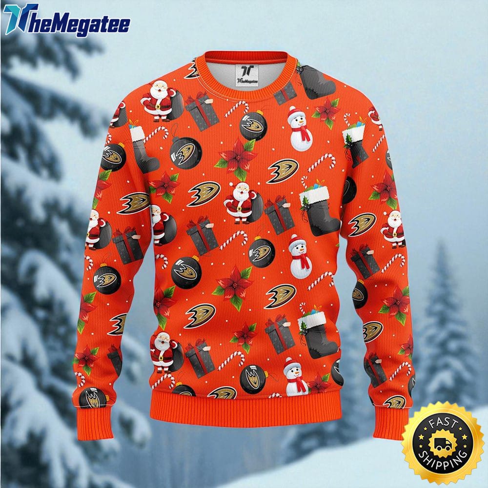 NHL Anaheim Ducks Ugly Sweater Santa Claus Snowman Ugly Christmas Sweater For Fans NHL Anaheim Ducks Ugly Sweater Santa Claus Snowman Ugly Christmas Sweater For Fans