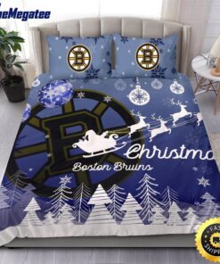 NHL Boston Bruins Bedding Sets Santa Claus Sleigh And Reindeer Christmas Quilt Bedding Sets 2025