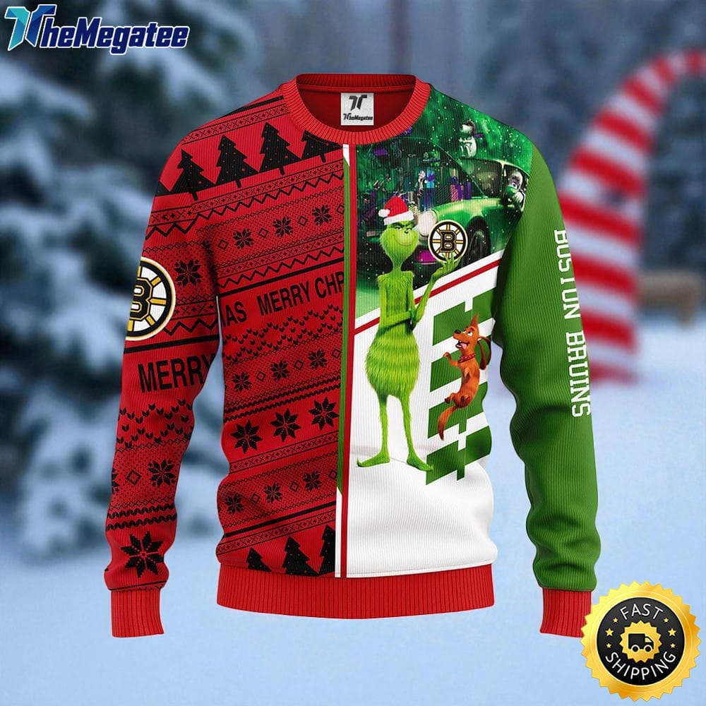 NHL Boston Bruins Ugly Sweater Grinch And Scooby doo Ugly Christmas Sweater For Fans NHL Boston Bruins Ugly Sweater Grinch And Scooby doo Ugly Christmas Sweater For Fans