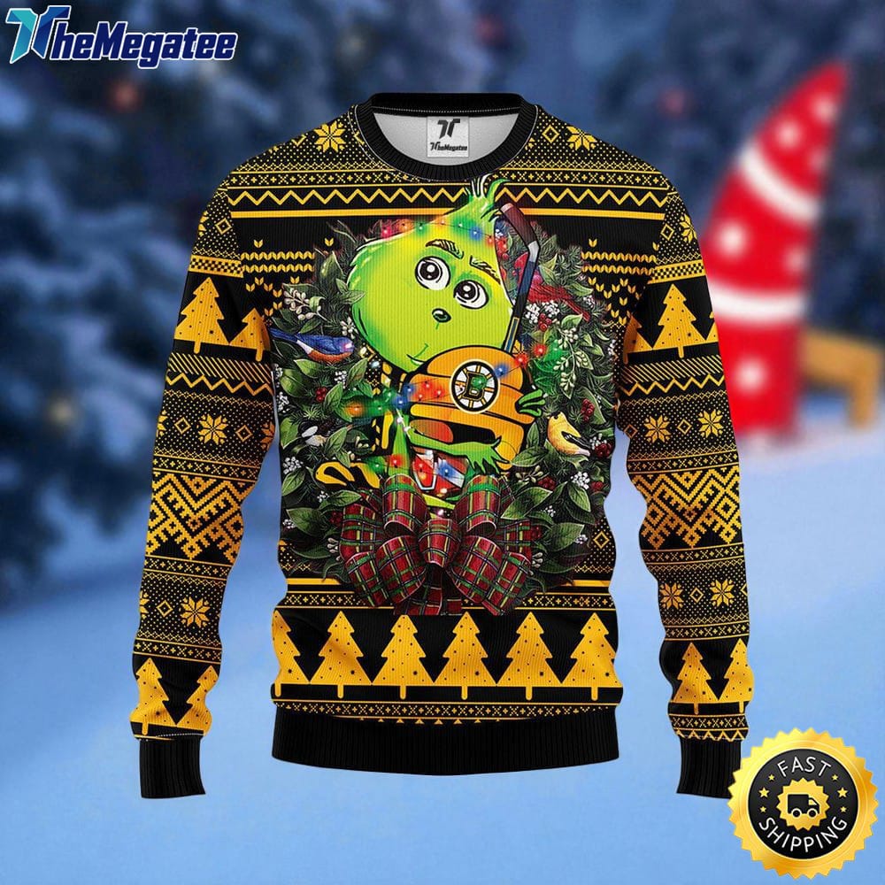 NHL Boston Bruins Ugly Sweater Grinch Hug Ugly Christmas Sweater For Fans NHL Boston Bruins Ugly Sweater Grinch Hug Ugly Christmas Sweater For Fans