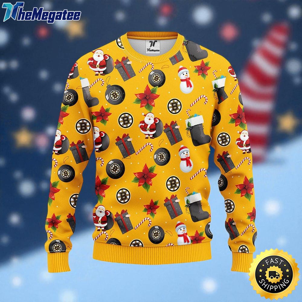 NHL Boston Bruins Ugly Sweater Santa Claus Snowman Ugly Christmas Sweater For Fans NHL Boston Bruins Ugly Sweater Santa Claus Snowman Ugly Christmas Sweater For Fans