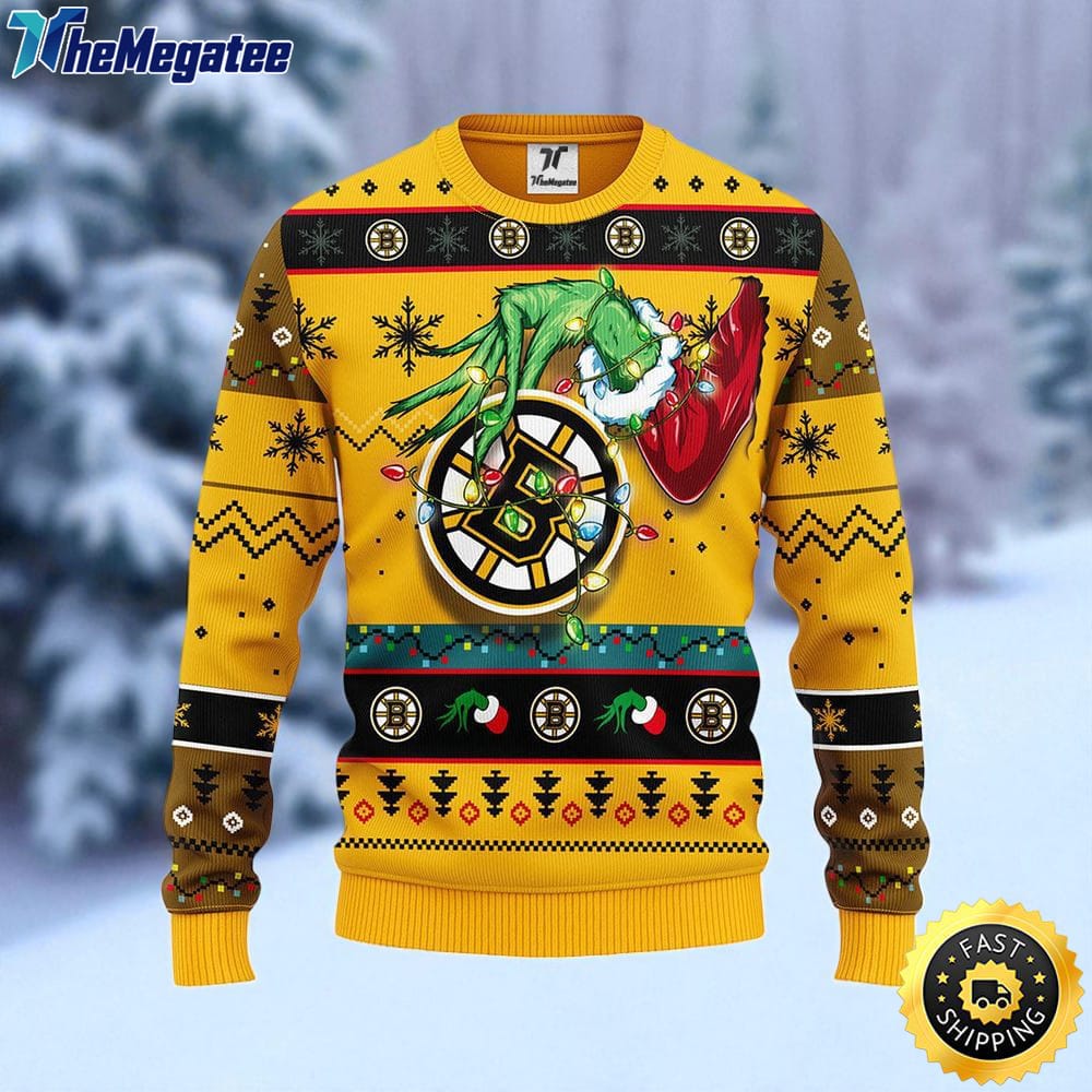 NHL Boston Bruins Ugly Sweater The Hand Of Grinch Ugly Christmas Sweater For Fans NHL Boston Bruins Ugly Sweater The Hand Of Grinch Ugly Christmas Sweater For Fans