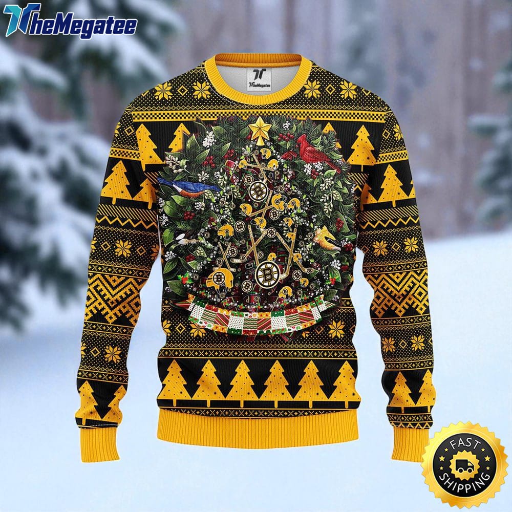 NHL Boston Bruins Ugly Sweater Tree Ball Ugly Christmas Sweater For Fans NHL Boston Bruins Ugly Sweater Tree Ball Ugly Christmas Sweater For Fans