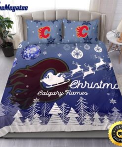 NHL Calgary Flames Bedding Sets Santa Claus Sleigh And Reindeer Christmas Quilt Bedding Sets 2025