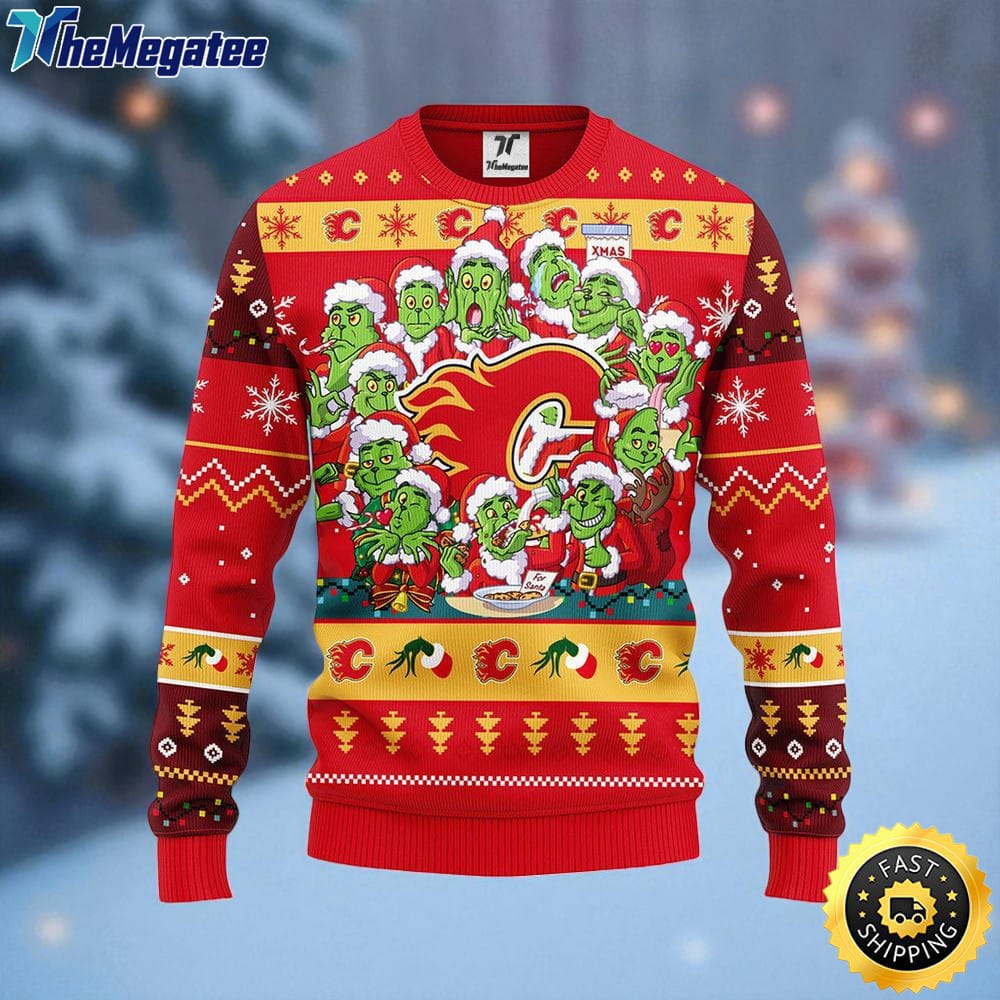 NHL Calgary Flames Ugly Sweater 12 Expressions Of Grinch During The Christmas Season Sweater For Fans NHL Calgary Flames Ugly Sweater 12 Expressions Of Grinch During The Christmas Season Sweater For Fans