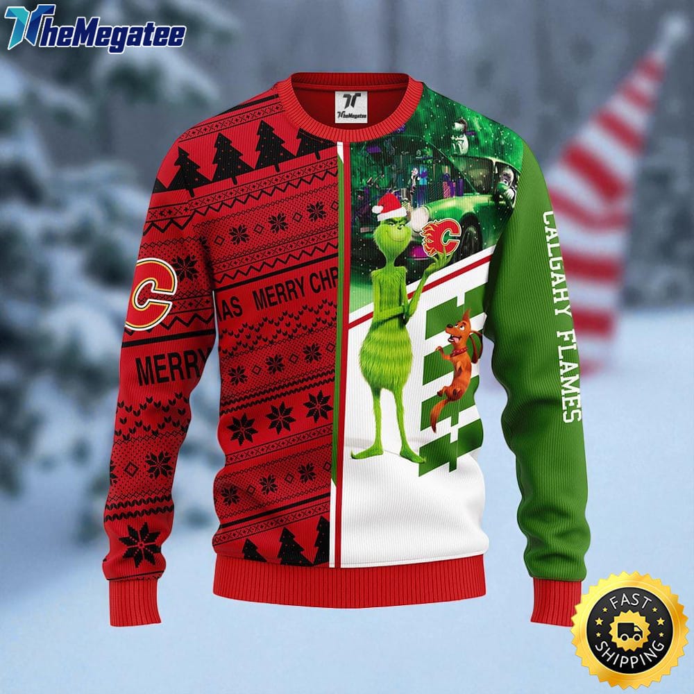 NHL Calgary Flames Ugly Sweater Grinch And Scooby doo Ugly Christmas Sweater For Fans NHL Calgary Flames Ugly Sweater Grinch And Scooby doo Ugly Christmas Sweater For Fans
