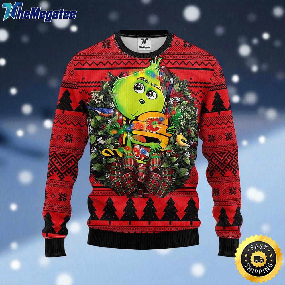 NHL Calgary Flames Ugly Sweater Grinch Hug Ugly Christmas Sweater For Fans NHL Calgary Flames Ugly Sweater Grinch Hug Ugly Christmas Sweater For Fans