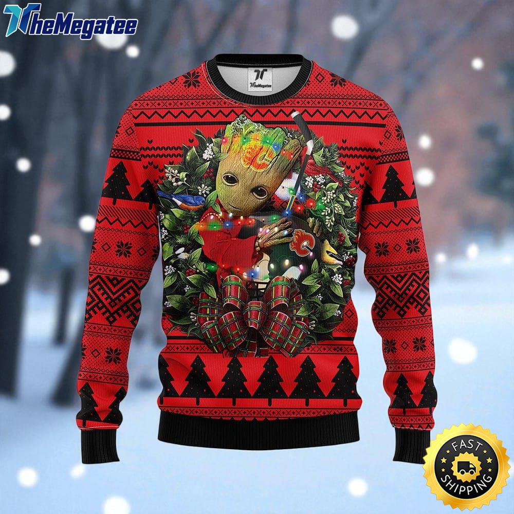 NHL Calgary Flames Ugly Sweater Groot Christmas Sweater For Fans NHL Calgary Flames Ugly Sweater Groot Christmas Sweater For Fans