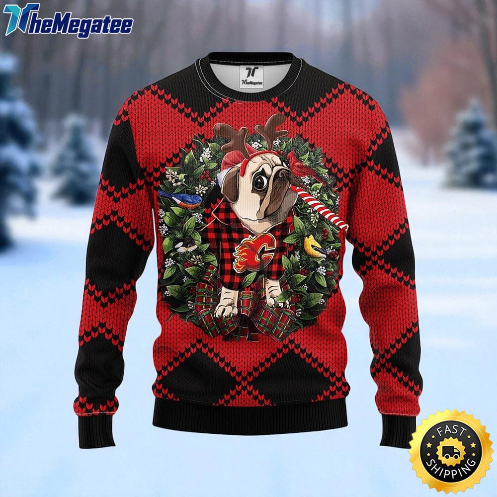 NHL Calgary Flames Ugly Sweater Pub Dog Ugly Christmas Sweater For Fans NHL Calgary Flames Ugly Sweater Pub Dog Ugly Christmas Sweater For Fans