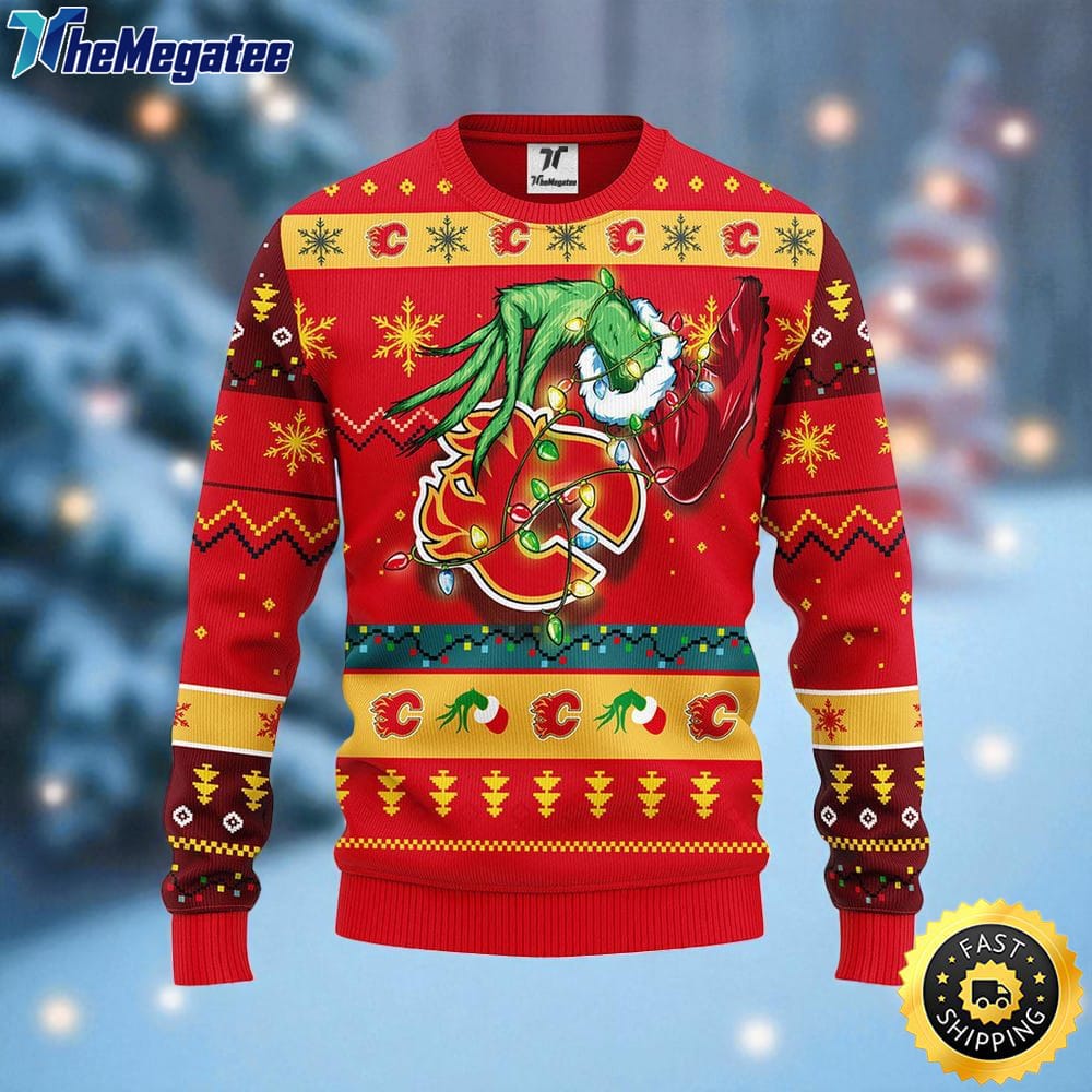 NHL Calgary Flames Ugly Sweater The Hand Of Grinch Ugly Christmas Sweater For Fans NHL Calgary Flames Ugly Sweater The Hand Of Grinch Ugly Christmas Sweater For Fans