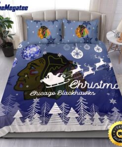 NHL Chicago Blackhawks Bedding Sets Santa Claus Sleigh And Reindeer Christmas Quilt Bedding Sets 2025