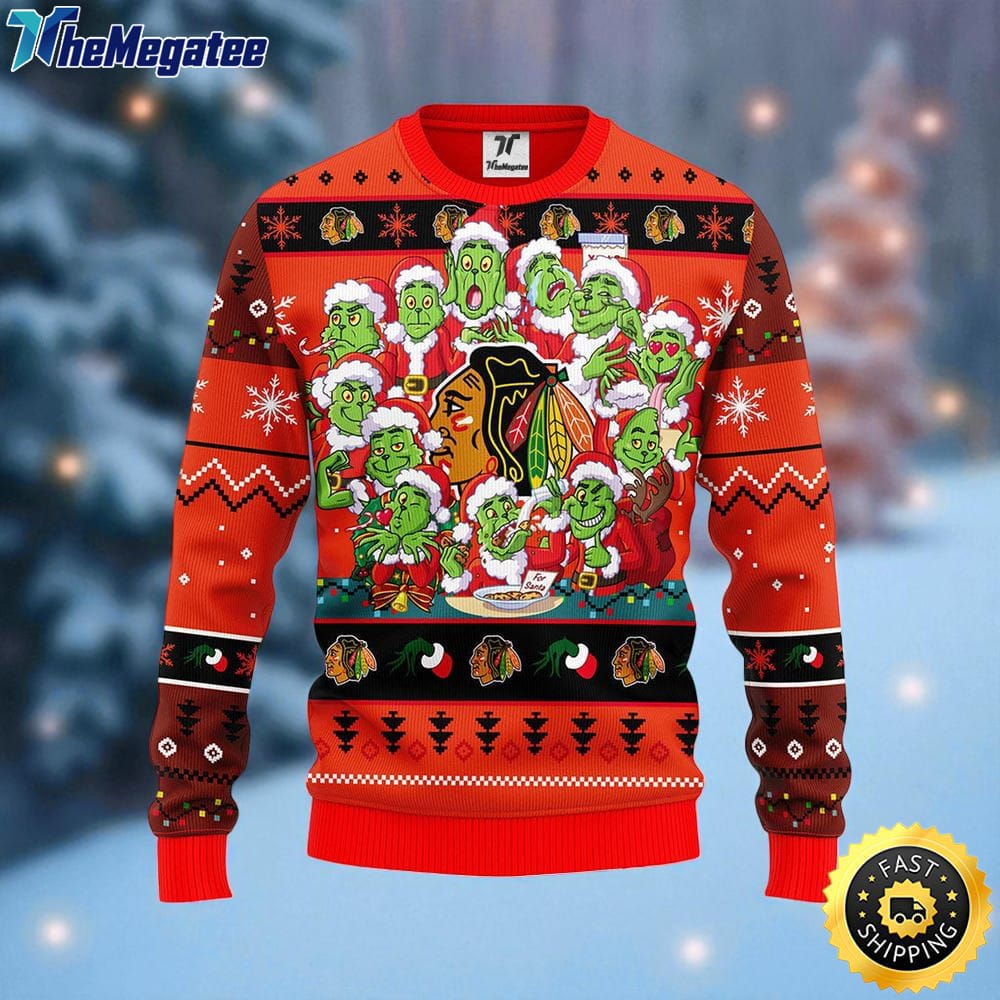 NHL Chicago Blackhawks Ugly Sweater 12 Expressions Of Grinch During The Christmas Season Sweater For Fans NHL Chicago Blackhawks Ugly Sweater 12 Expressions Of Grinch During The Christmas Season Sweater For Fans