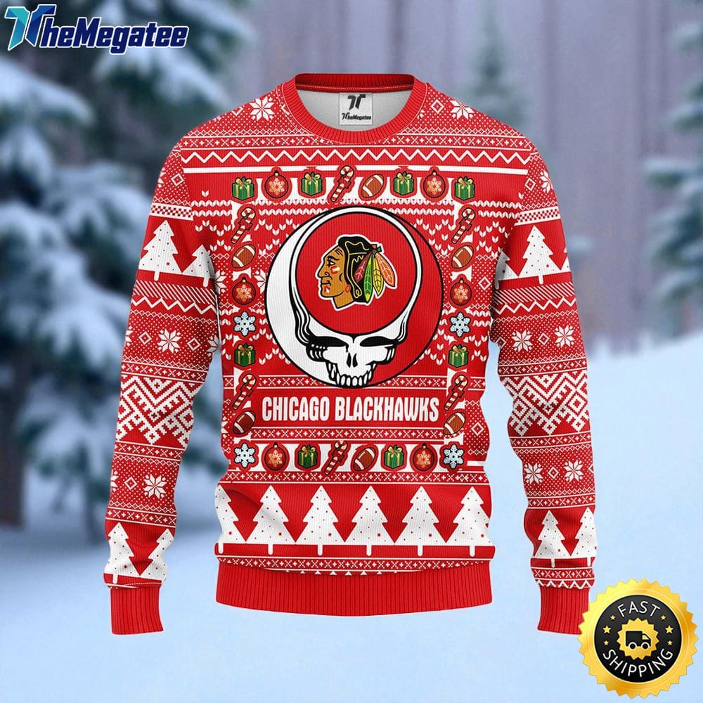 NHL Chicago Blackhawks Ugly Sweater Grateful Dead Ugly Christmas Fleece Sweater For Fans NHL Chicago Blackhawks Ugly Sweater Grateful Dead Ugly Christmas Fleece Sweater For Fans