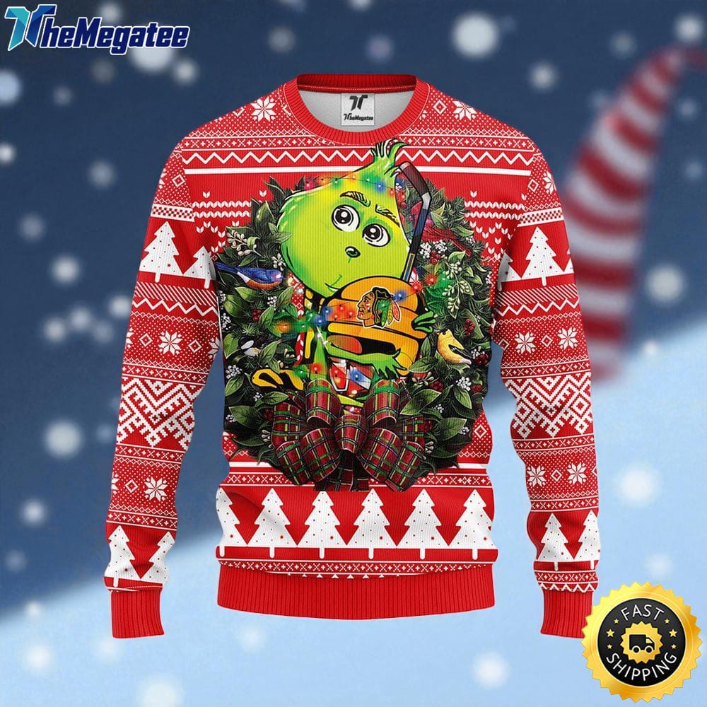 NHL Chicago Blackhawks Ugly Sweater Grinch Hug Ugly Christmas Sweater For Fans NHL Chicago Blackhawks Ugly Sweater Grinch Hug Ugly Christmas Sweater For Fans