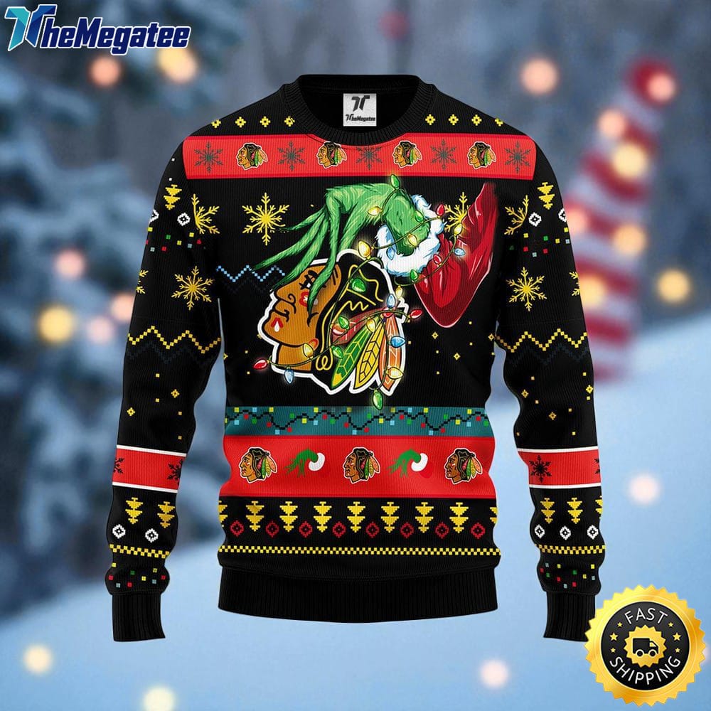 NHL Chicago Blackhawks Ugly Sweater The Hand Of Grinch Ugly Christmas Sweater For Fans NHL Chicago Blackhawks Ugly Sweater The Hand Of Grinch Ugly Christmas Sweater For Fans