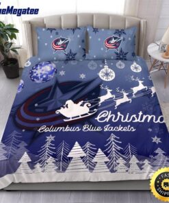 NHL Columbus Blue Jackets Bedding Sets Santa Claus Sleigh And Reindeer Christmas Quilt Bedding Sets 2025
