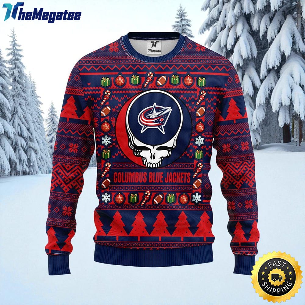 NHL Columbus Blue Jackets Ugly Sweater Grateful Dead Ugly Christmas Fleece Sweater For Fans NHL Columbus Blue Jackets Ugly Sweater Grateful Dead Ugly Christmas Fleece Sweater For Fans