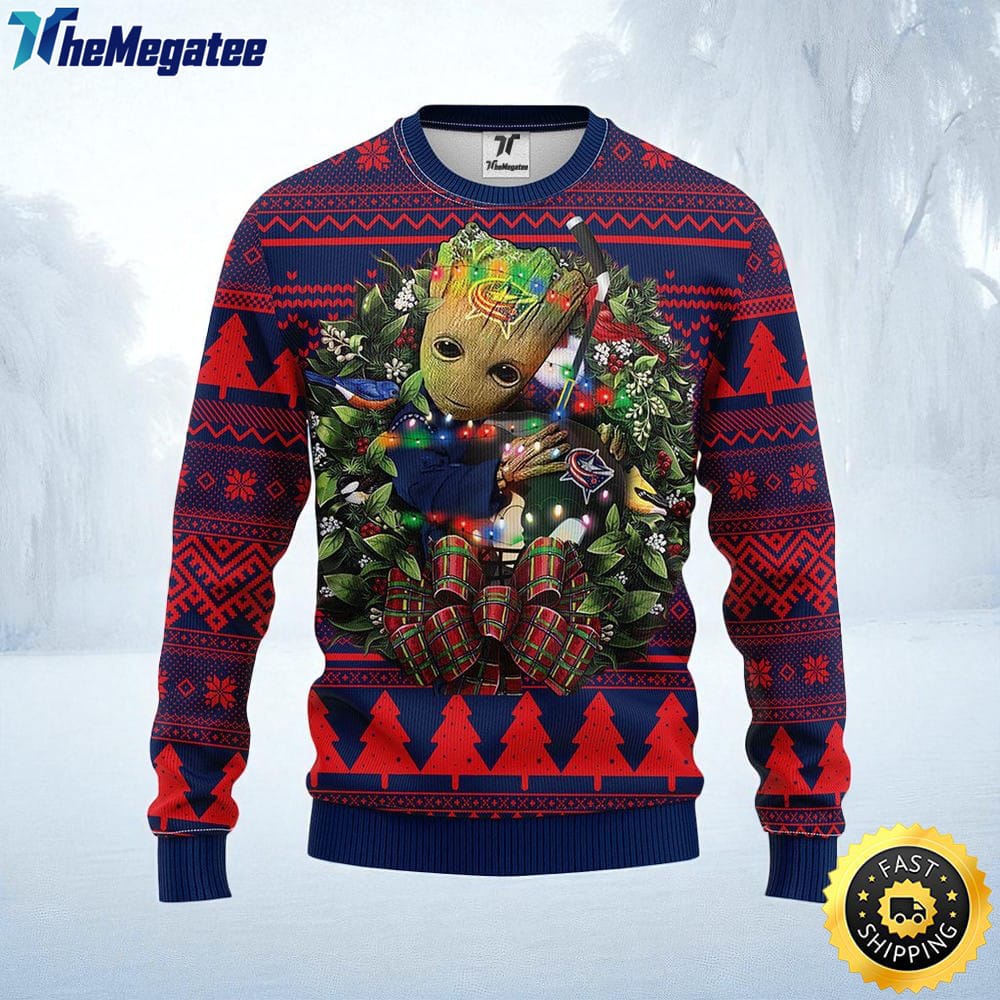 NHL Columbus Blue Jackets Ugly Sweater Groot Christmas Sweater For Fans NHL Columbus Blue Jackets Ugly Sweater Groot Christmas Sweater For Fans