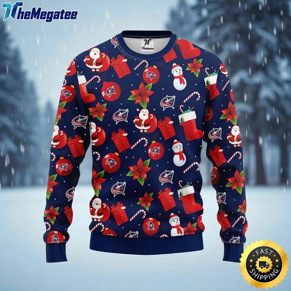 NHL Columbus Blue Jackets Ugly Sweater Santa Claus Snowman Ugly Christmas Sweater For Fans NHL Columbus Blue Jackets Ugly Sweater Santa Claus Snowman Ugly Christmas Sweater For Fans