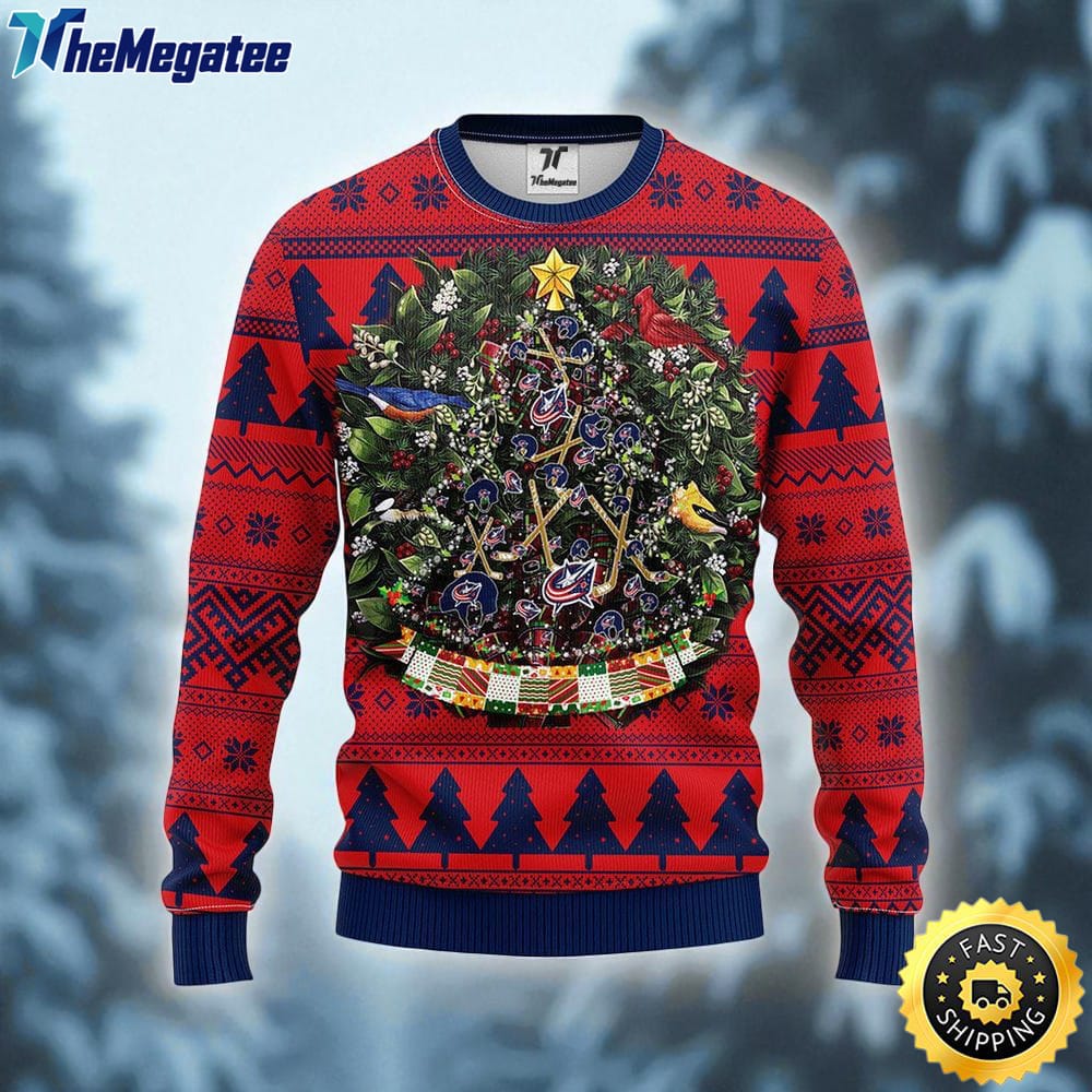 NHL Columbus Blue Jackets Ugly Sweater Tree Ball Ugly Christmas Sweater For Fans NHL Columbus Blue Jackets Ugly Sweater Tree Ball Ugly Christmas Sweater For Fans