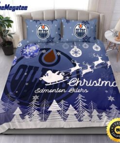 NHL Edmonton Oilers Bedding Sets Santa Claus Sleigh And Reindeer Christmas Quilt Bedding Sets 2025