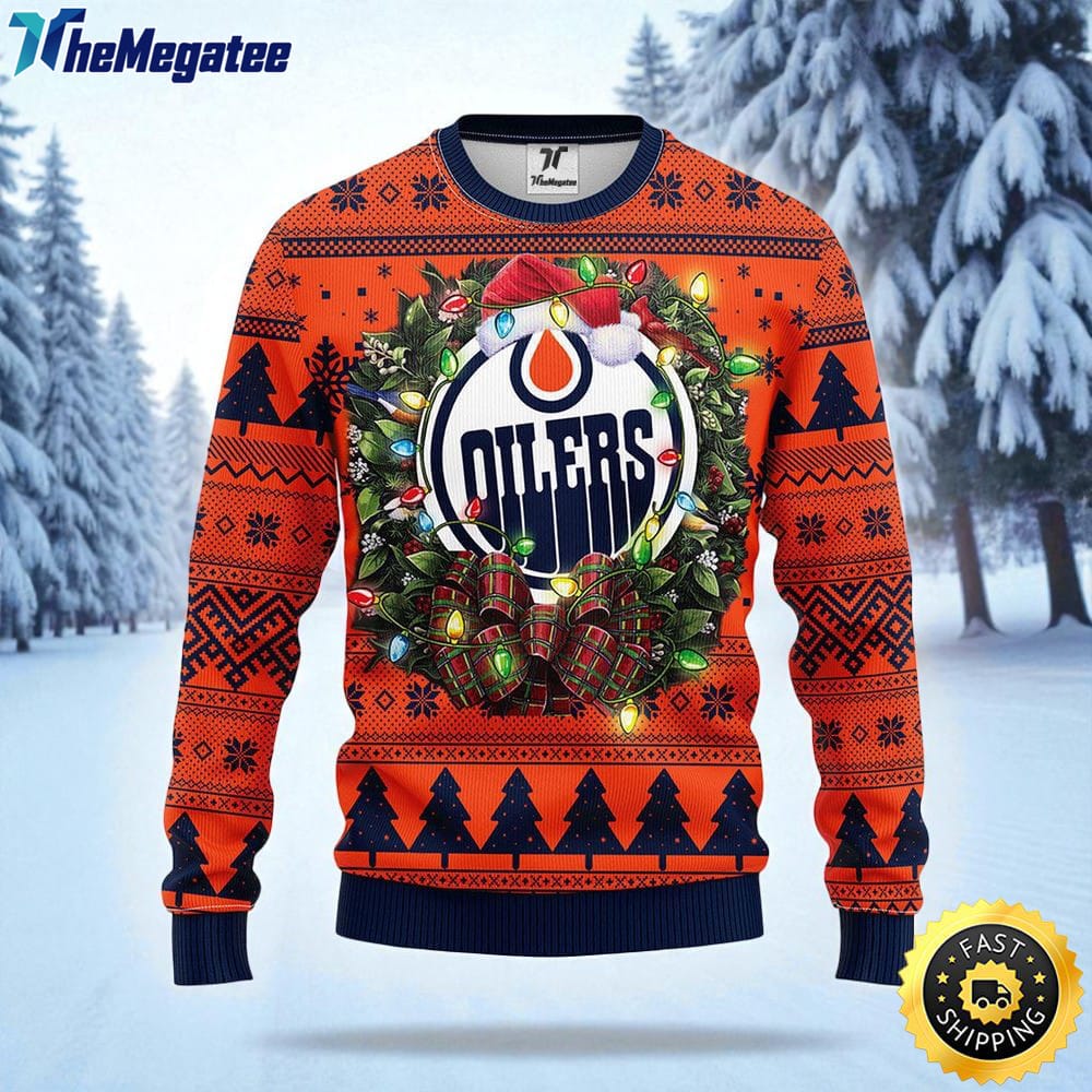NHL Edmonton Oilers Ugly Sweater Christmas Wreath Ugly Sweater For Fans NHL Edmonton Oilers Ugly Sweater Christmas Wreath Ugly Sweater For Fans