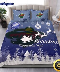 NHL Minnesota Wild Bedding Sets Santa Claus Sleigh And Reindeer Christmas Quilt Bedding Sets 2025
