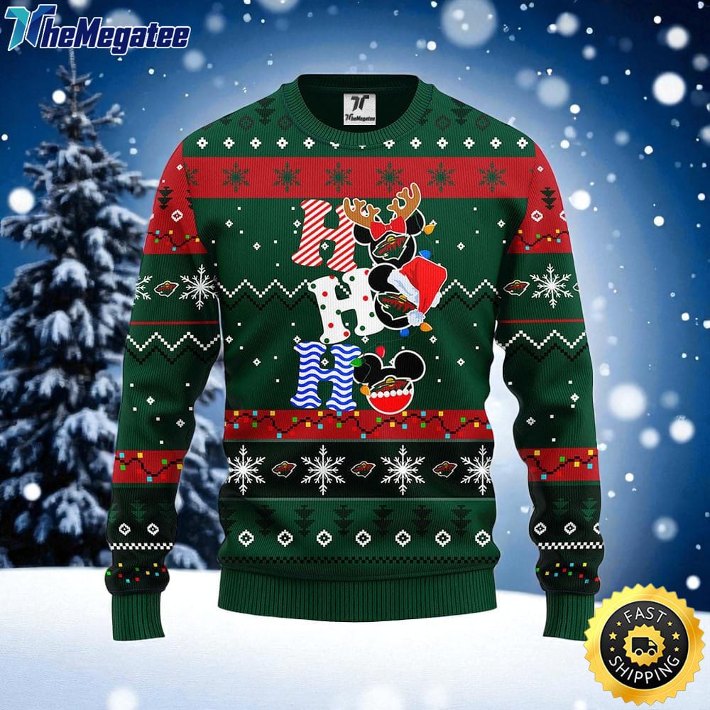 NHL Minnesota Wild Ugly Sweater Hohoho Mickey Ugly Christmas Sweater For Fans NHL Minnesota Wild Ugly Sweater Hohoho Mickey Ugly Christmas Sweater For Fans