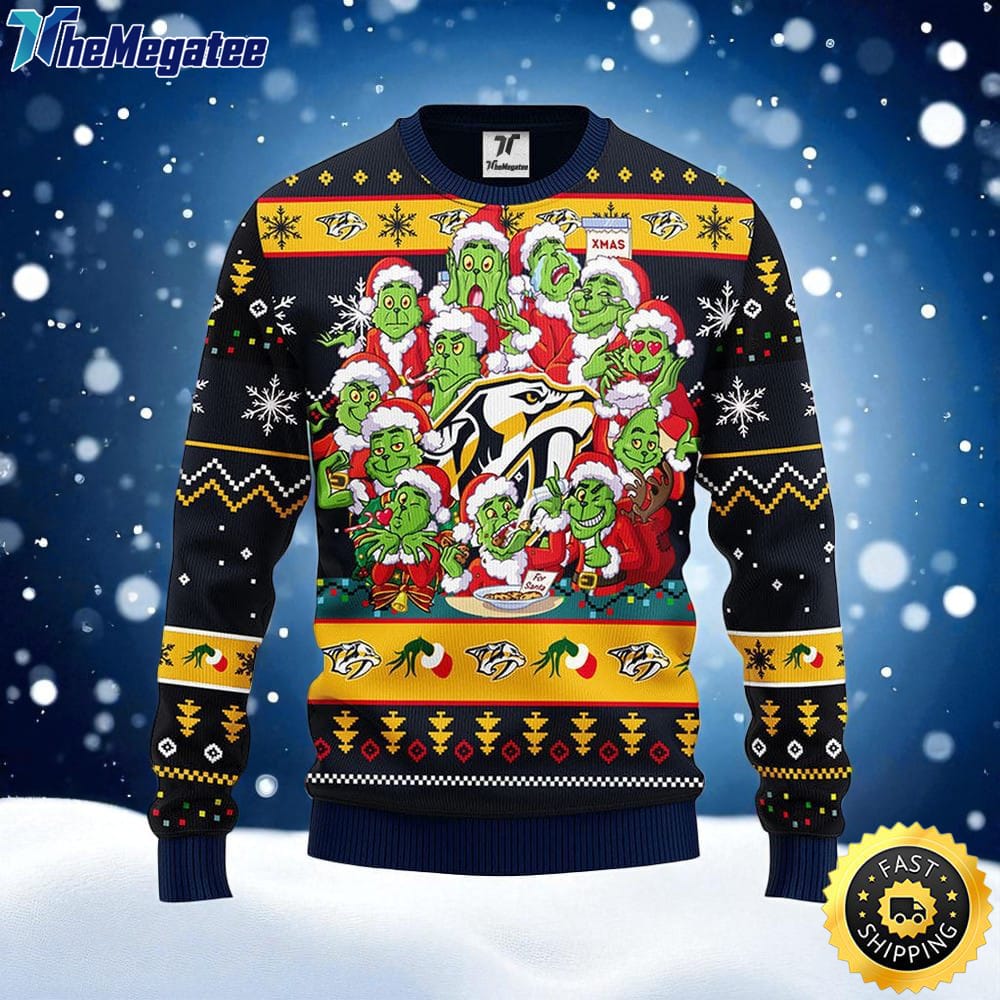 NHL Nashville Predators Ugly Sweater 12 Expressions Of Grinch During The Christmas Season Sweater For Fans NHL Nashville Predators Ugly Sweater 12 Expressions Of Grinch During The Christmas Season Sweater For Fans