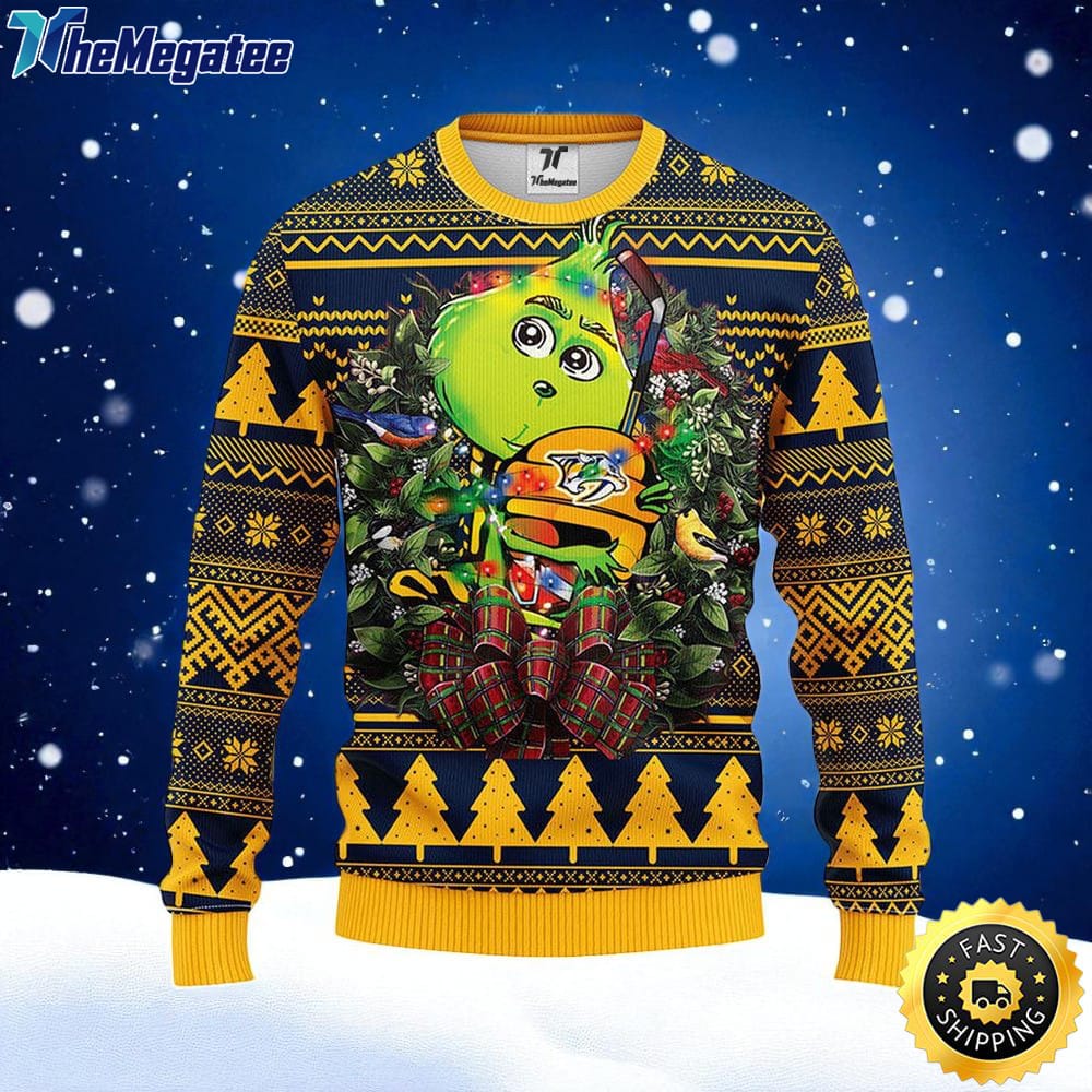NHL Nashville Predators Ugly Sweater Grinch Hug Ugly Christmas Sweater For Fans NHL Nashville Predators Ugly Sweater Grinch Hug Ugly Christmas Sweater For Fans