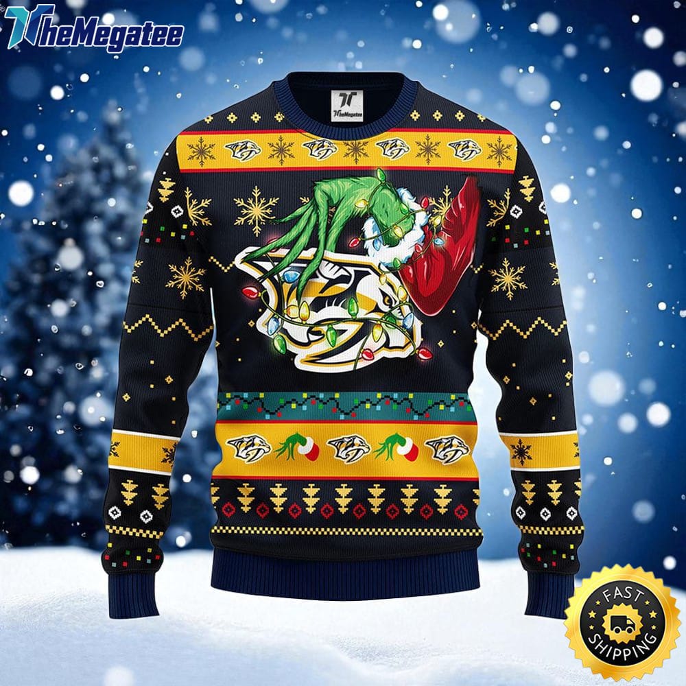 NHL Nashville Predators Ugly Sweater The Hand Of Grinch Ugly Christmas Sweater For Fans NHL Nashville Predators Ugly Sweater The Hand Of Grinch Ugly Christmas Sweater For Fans