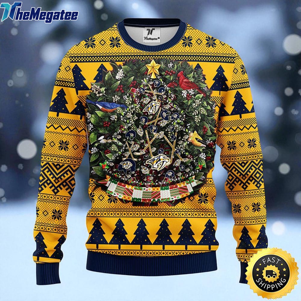 NHL Nashville Predators Ugly Christmas Sweater Ball Pine Tree, NFL Christmas Sweater NHL Nashville Predators Ugly Christmas Sweater Ball Pine Tree, NFL Christmas Sweater