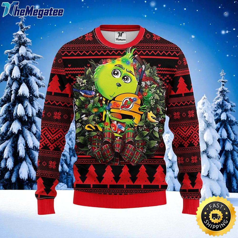NHL New Jersey Devils Ugly Sweater Grinch Hug Ugly Christmas Sweater For Fans NHL New Jersey Devils Ugly Sweater Grinch Hug Ugly Christmas Sweater For Fans
