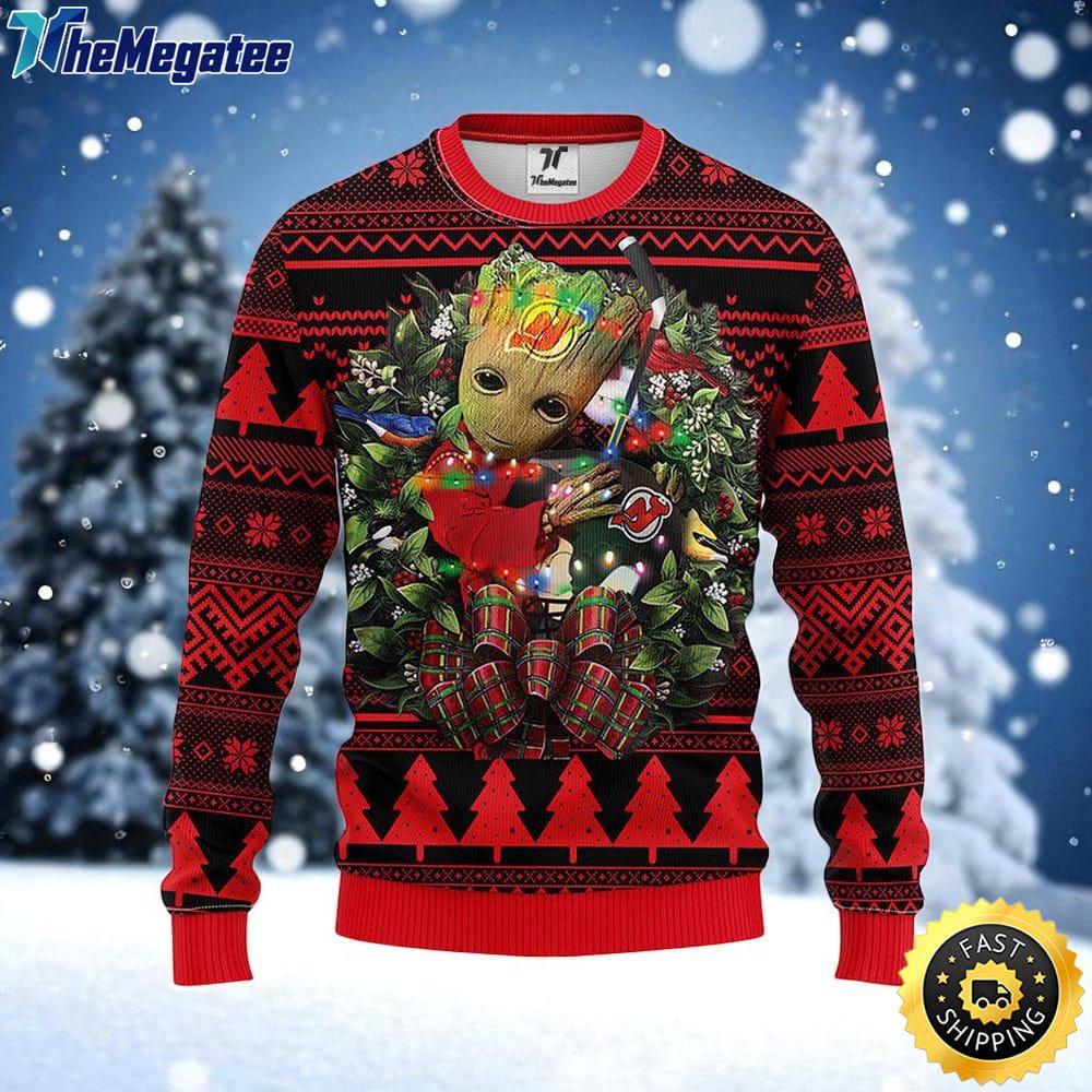 NHL New Jersey Devils Ugly Sweater Groot Christmas Sweater For Fans NHL New Jersey Devils Ugly Sweater Groot Christmas Sweater For Fans