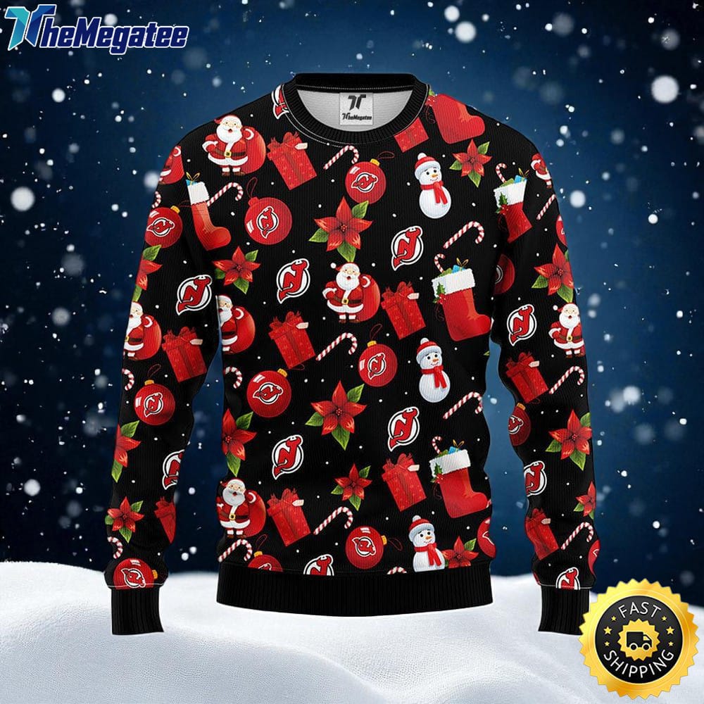 NHL New Jersey Devils Ugly Sweater Santa Claus Snowman Ugly Christmas Sweater For Fans NHL New Jersey Devils Ugly Sweater Santa Claus Snowman Ugly Christmas Sweater For Fans