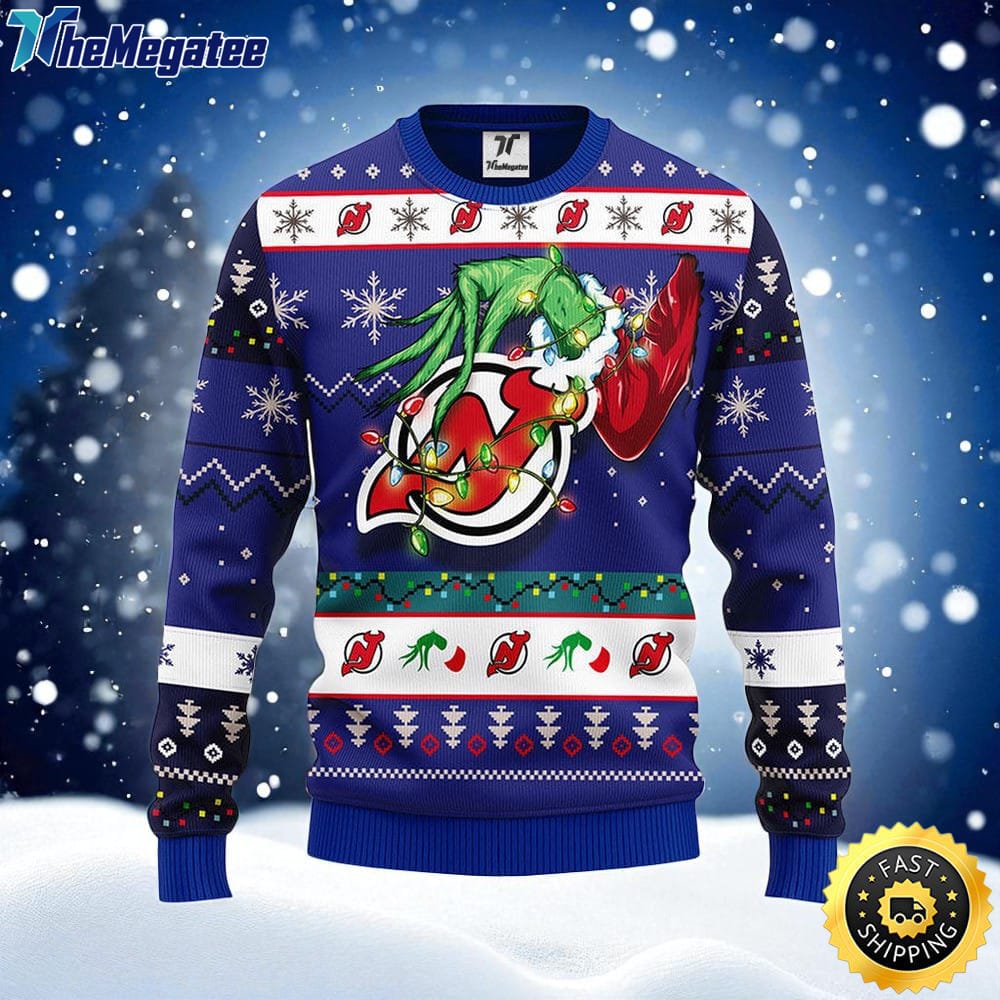 NHL New Jersey Devils Ugly Sweater The Hand Of Grinch Ugly Christmas Sweater For Fans NHL New Jersey Devils Ugly Sweater The Hand Of Grinch Ugly Christmas Sweater For Fans