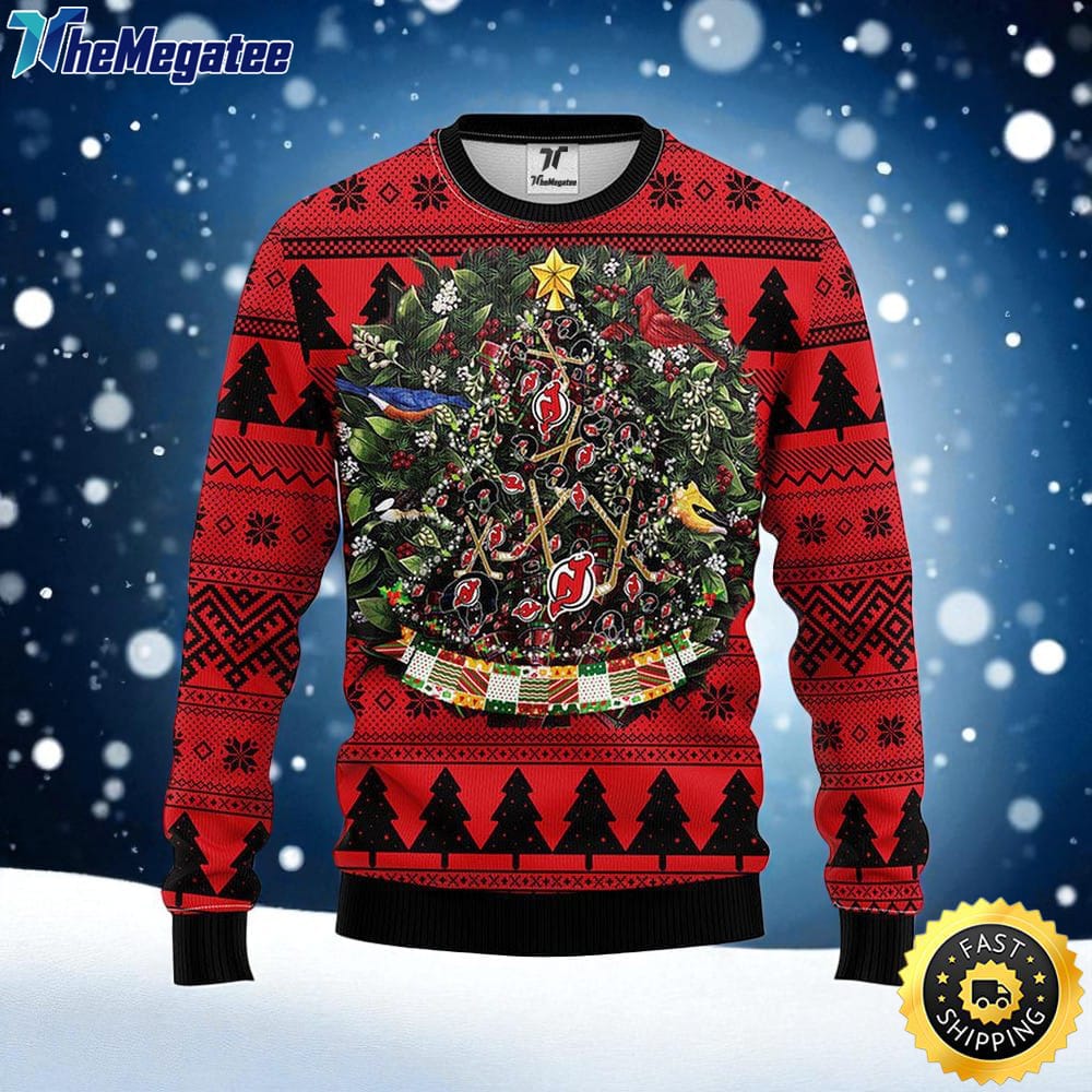 NHL New Jersey Devils Ugly Sweater Tree Ball Ugly Christmas Sweater For Fans NHL New Jersey Devils Ugly Sweater Tree Ball Ugly Christmas Sweater For Fans