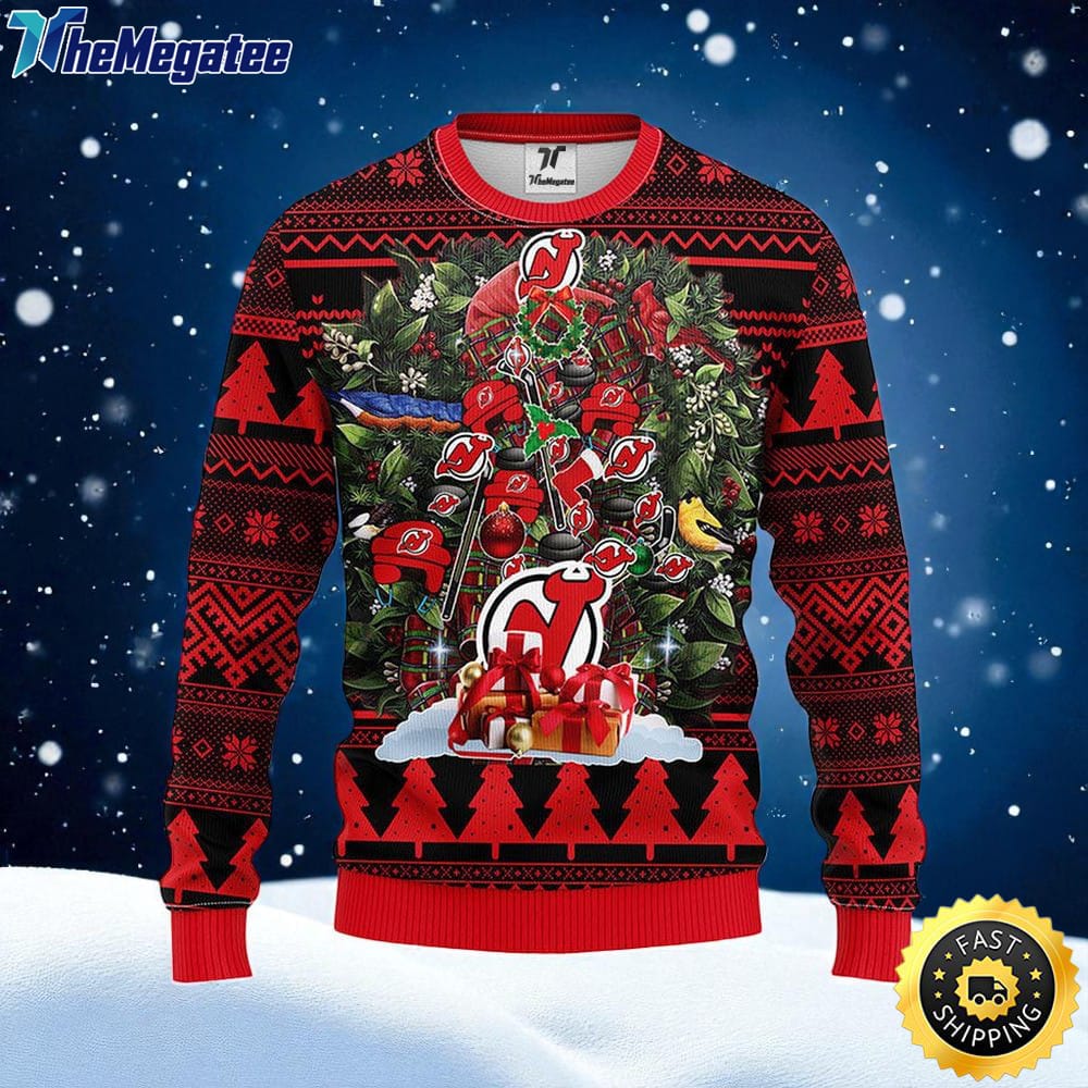NHL New Jersey Devils Ugly Sweater Tree Ugly Christmas Fleece Sweater For Fans NHL New Jersey Devils Ugly Sweater Tree Ugly Christmas Fleece Sweater For Fans